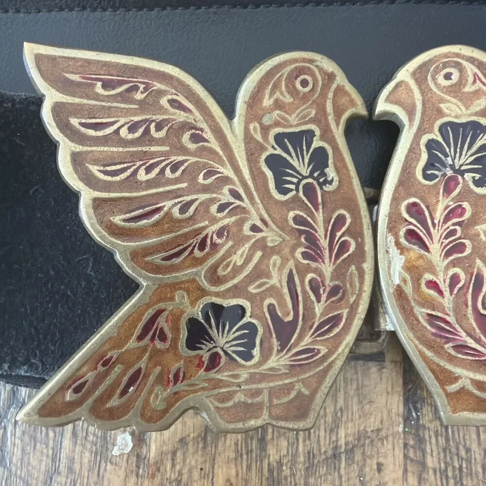 Vintage Golden Hands Lee Bernay Belt Brass Enamel Buckle Suede Boho Hippie